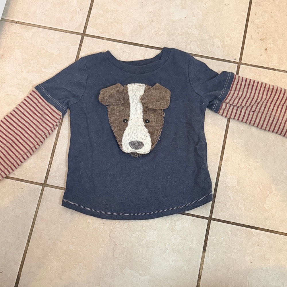 Mud Pie Blue and Brown Dog Appliqué Long Sleeve Tee